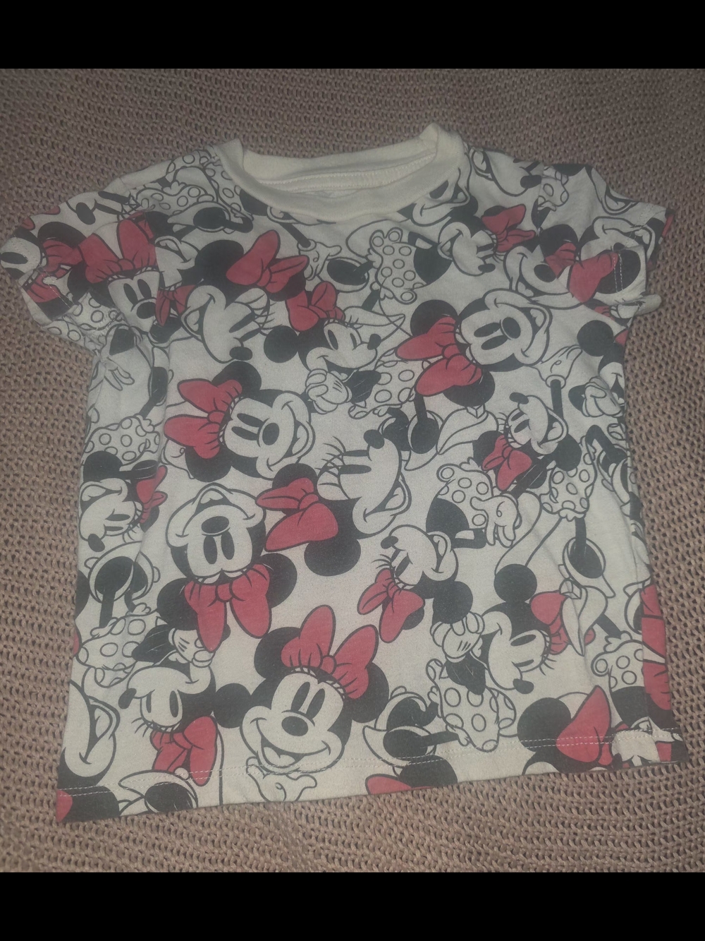 Disney White Tee with Black Minnie Faces and Pink Bows